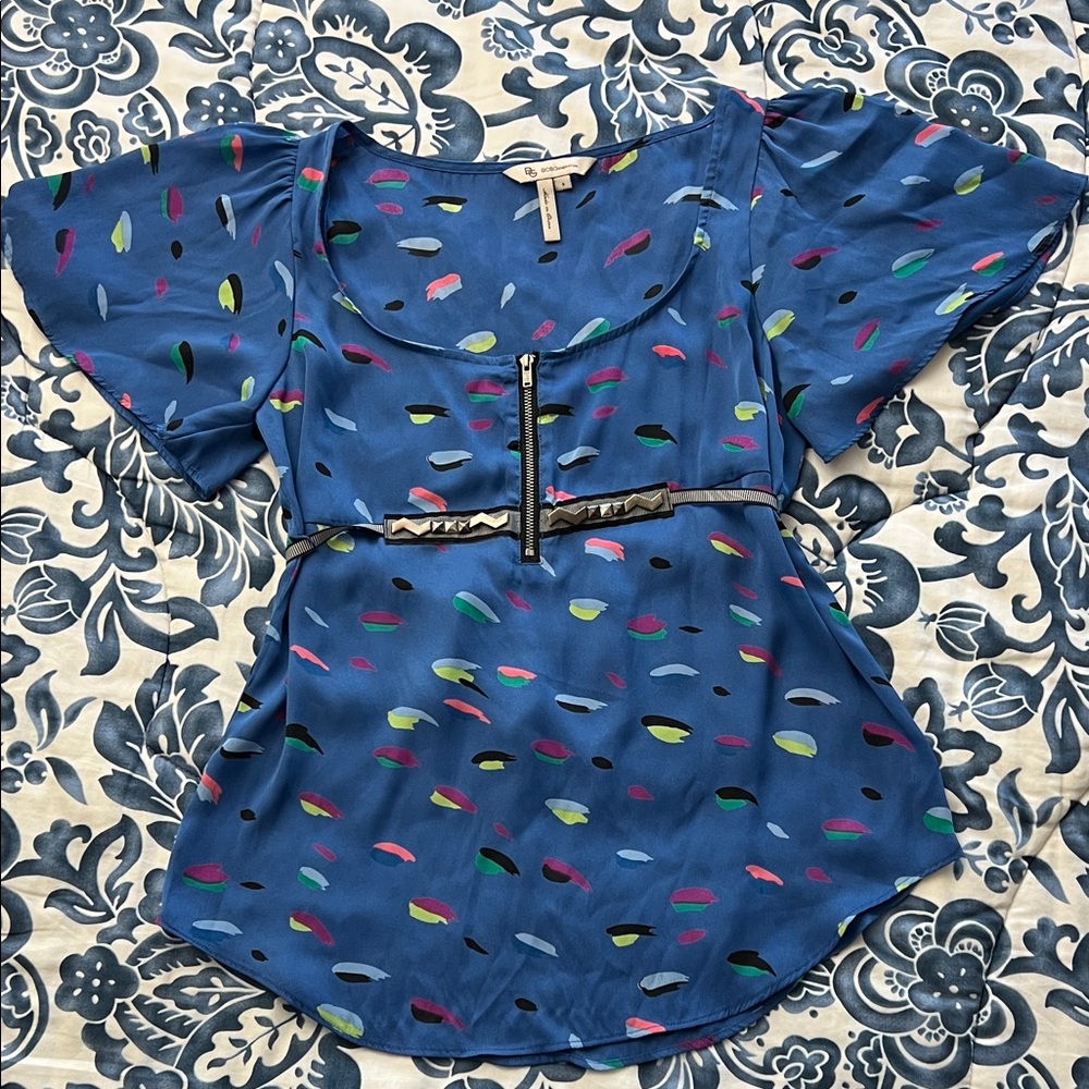 BCBGeneration Blue semi sheer Multicolor Blouse with funky belt-tie